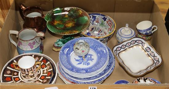 A Wedgwood majolica centrepiece, comport, a Wedgwood Tom and Jerry bowl, blue and white pottery etc